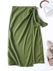 YENKYE 2022 New Women Green Linen Cotton Wrap Midi Skirt Vintage Ladies High Waist Summer Faldas  Mujer