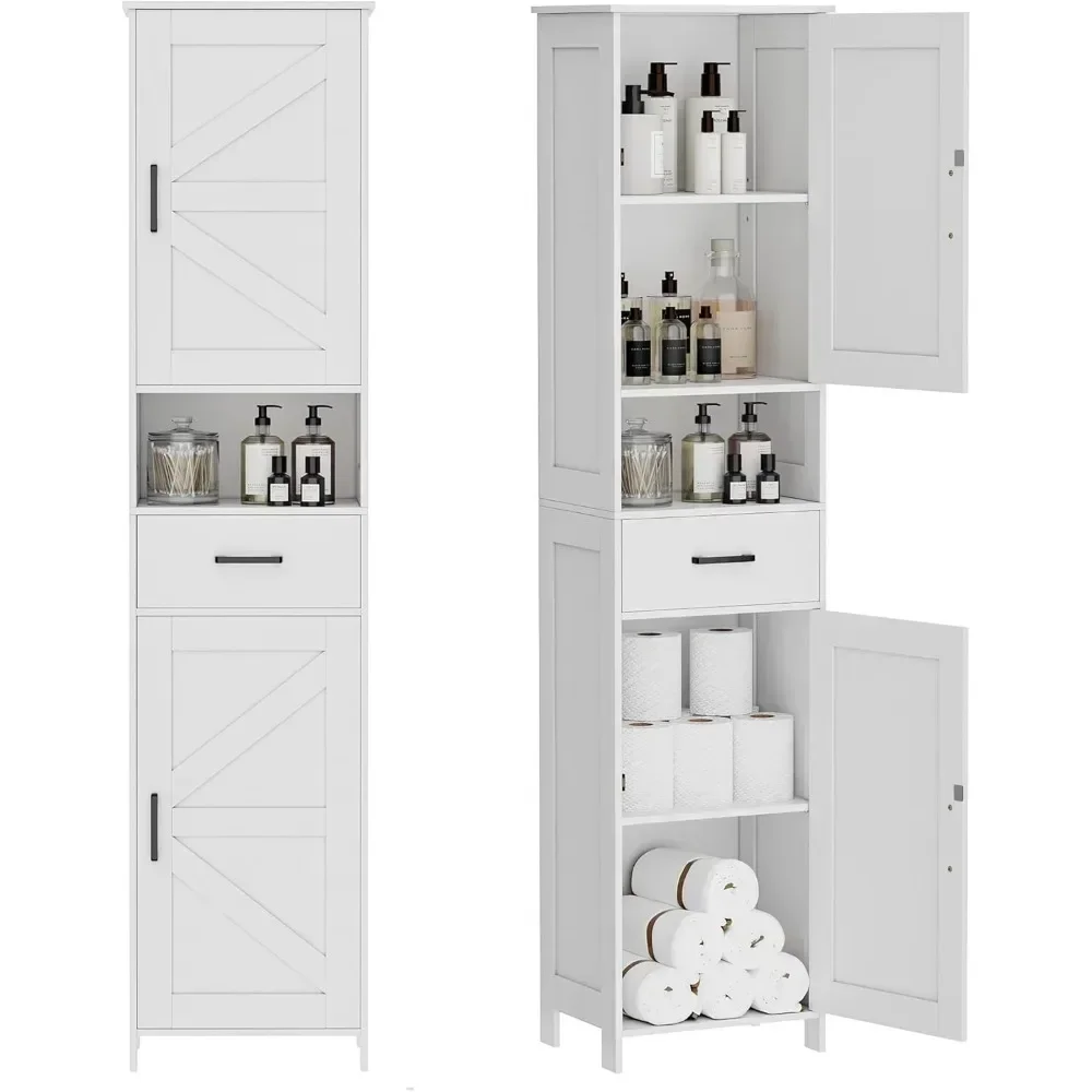 

67" h tall bathroom storage cabinet with 2 barn doors and 1 drawer, narrow storage unit, adjustable shelves, floor cabinet for