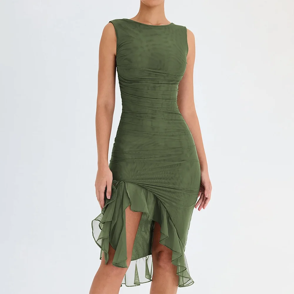 

Elegant Ruffle Ruched Midi Dress Robe Summer New Backless Sleeveless Irregular Club Party Sexy Dress