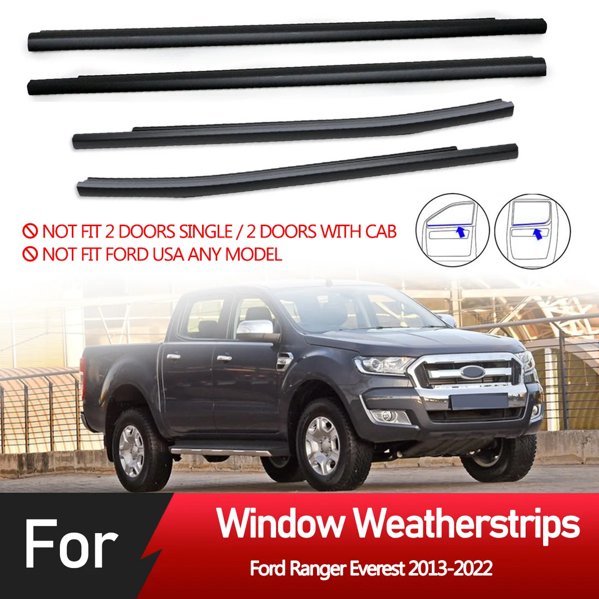Cinta de sellado para ventanas exteriores, burlete de goma para puerta, moldura para Ford Ranger Everest 2013-2022, 4 puertas, 4 piezas