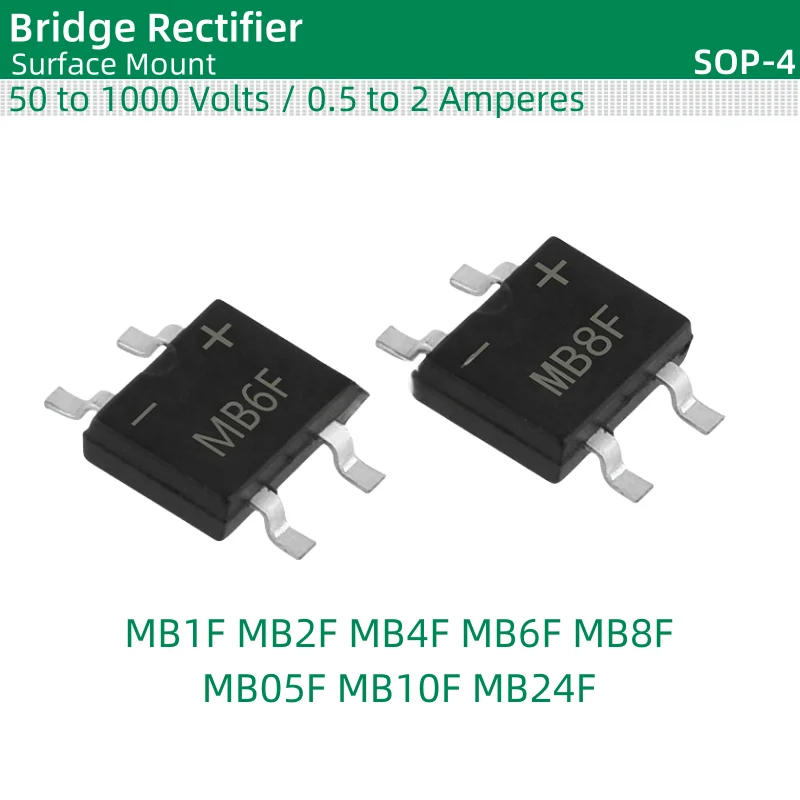 50pcs/lot Bridge Rectifier SOP-4 package MB05F MB1F MB2F MB4F MB6F MB8F MB10F MB24F MB26F 50 to 1000 Volts / 0.5 to 2 Amperes