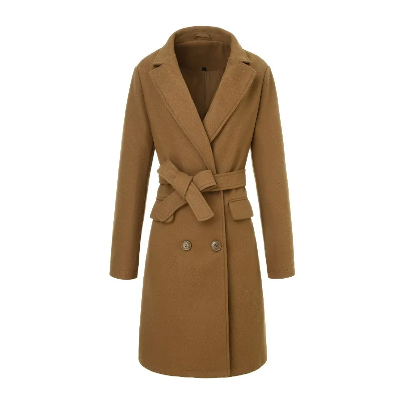 Cross-border Bestseller of Long Woolen Women's Coats for Autumn Winter in Europe and America Featuring Lapel and Lace-up Style