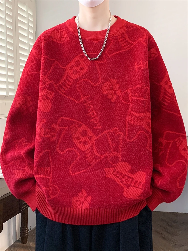 

High-End Men's Red Knitted Sweater Thi Warm Winter Faion Base Layer irt Casual Spor Loose Fit Long Sve round Ne