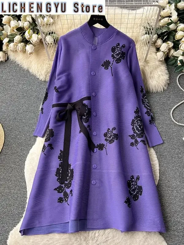 

New Stand Collar Fold Contrast Color Print Single-breasted Vestidos Sweet Style Women's Dress Winter Spring