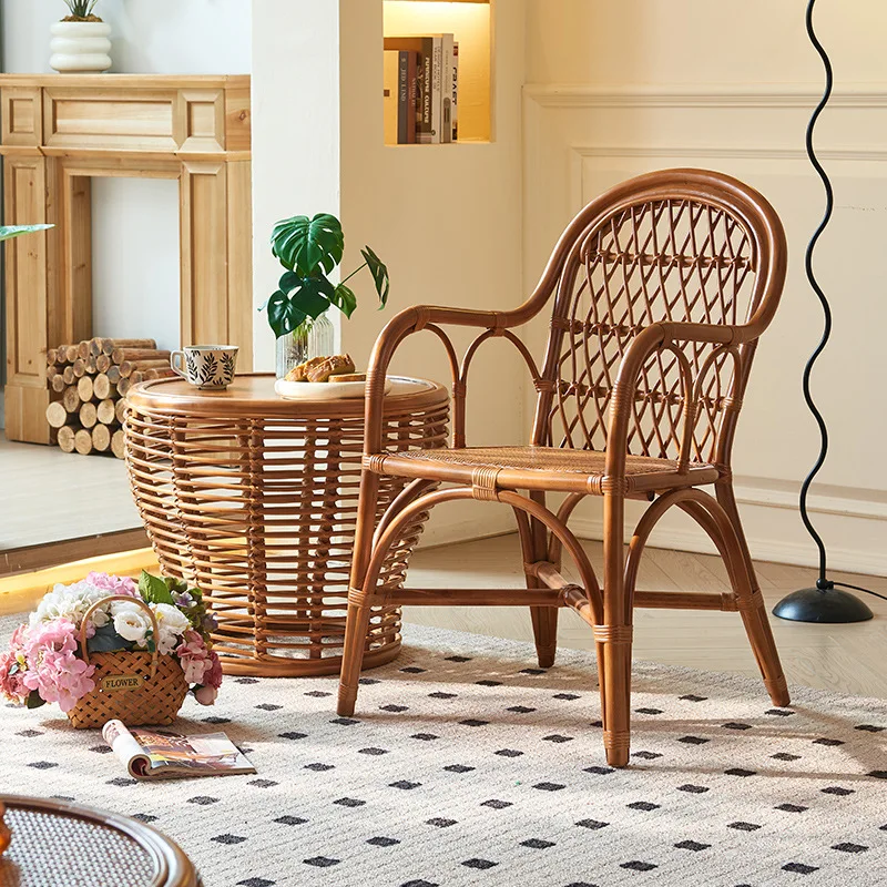 Wabi-sabi style whole rattan backrest armrests rattan chairs B&B balcony rattan chairs coffee table three-piece set Foshan furni