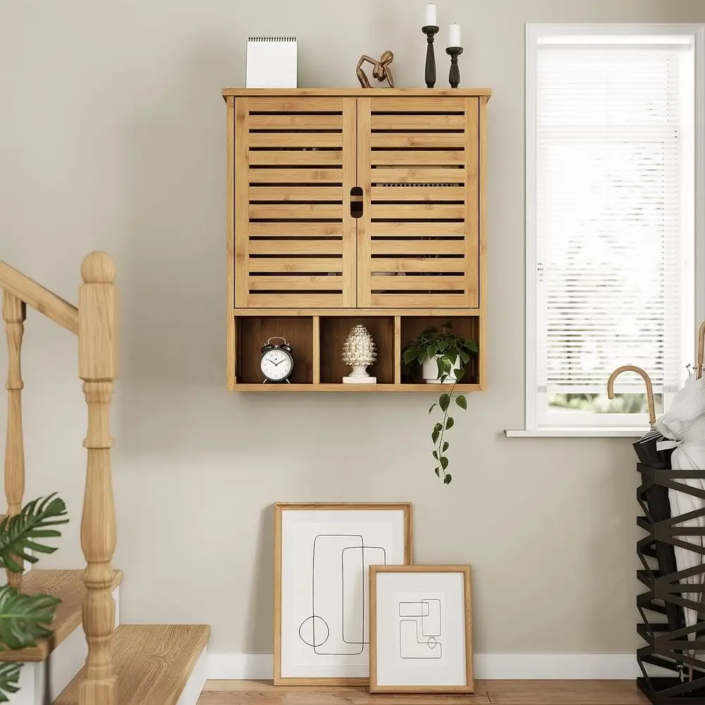 Over-the-Toilet Bamboo Storage Cabinet with Door and Adjustable Shelves