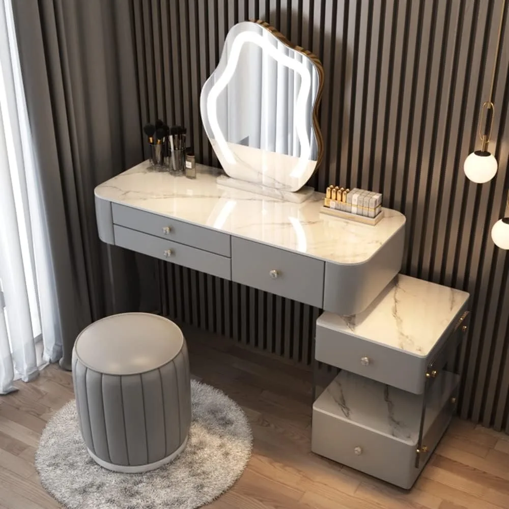 

Modern Solid Wood Vanity Makeup Table with Dimmable Mirror 5 Drawers Slate Top Vanity Set Nordic Dressing Table