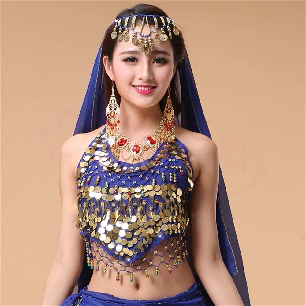 Coins Dancewear Eye-catching Halter Padded Tassel Vest Shiny Belly Dance Costume for Event