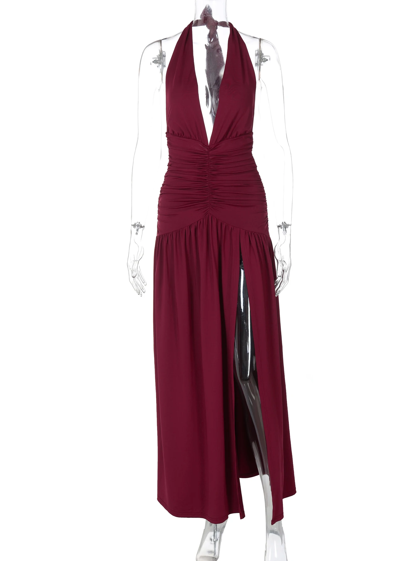 Hugcitar Solido Halter Scollo a V Backless Drappeggiato Spacco Sexy Aderente Maxi Vestito da Promenade 2025 Primavera Donna Abiti Eleganti Festa Festival