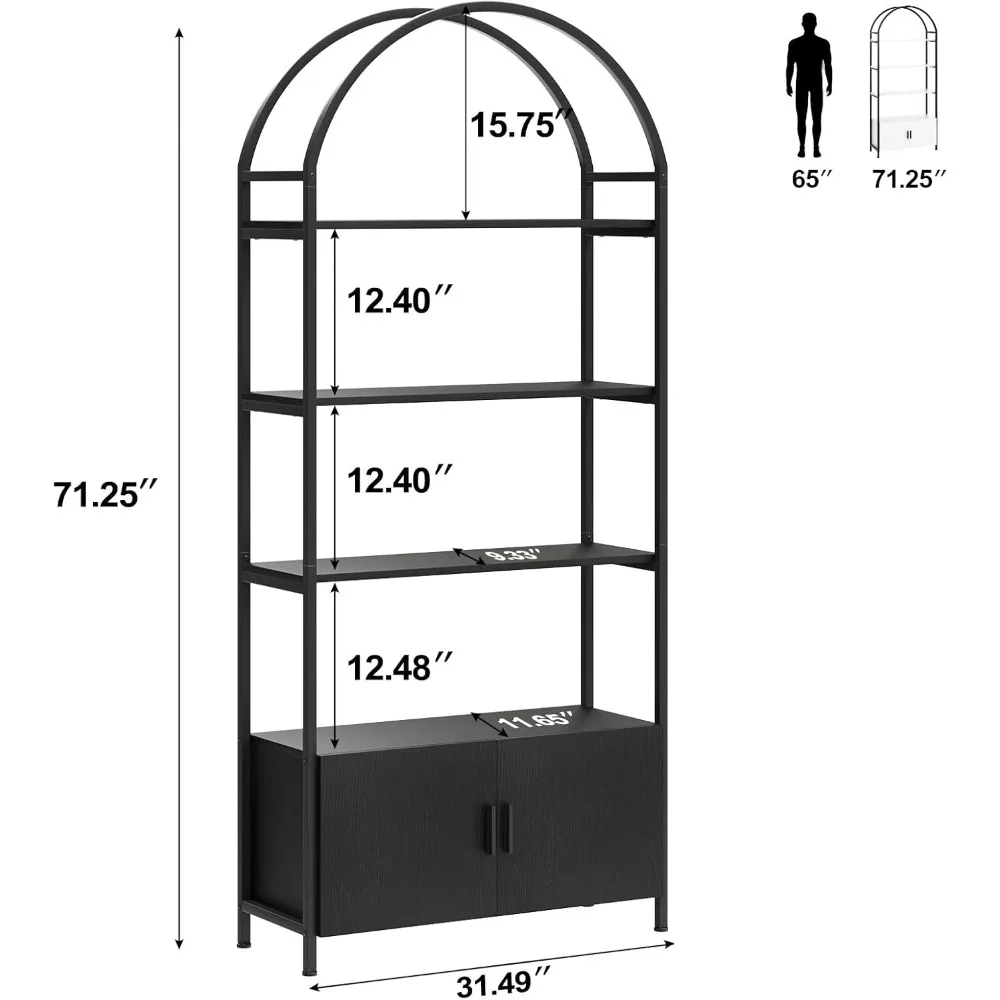 Arched Bookshelf, Bookcase with Doors Storage, 71 Inches Tall Industrial Book Shelf with Sturdy Metal Frame, E1 Quality