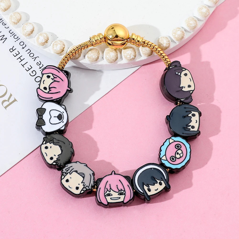 Fashion Anya Forger DIY Bracelet, Zinc Alloy Cartoon Enamel Beads, Gold‑Plated Adjustable Chain for Anime Party Cosplay Jewelry view 4