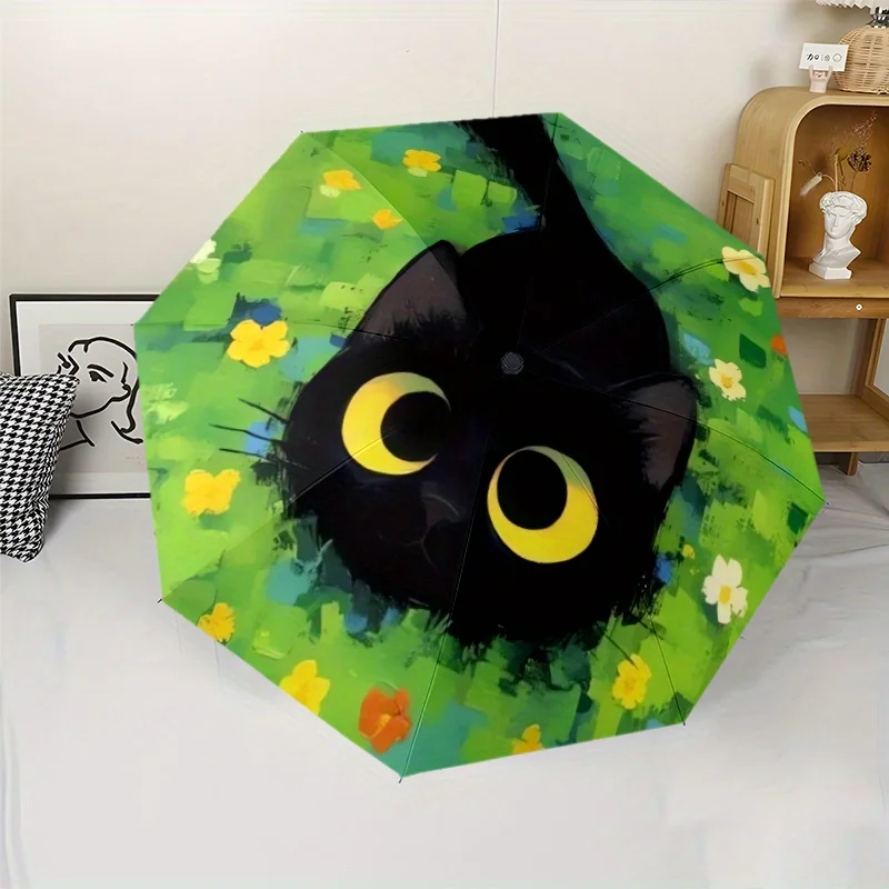 

1pc Black Cat with Crescent Moon Eyes - Fashion Pattern, Auto-Open Foldable Umbrella, Windproof Portable Sunshade, Perfect for