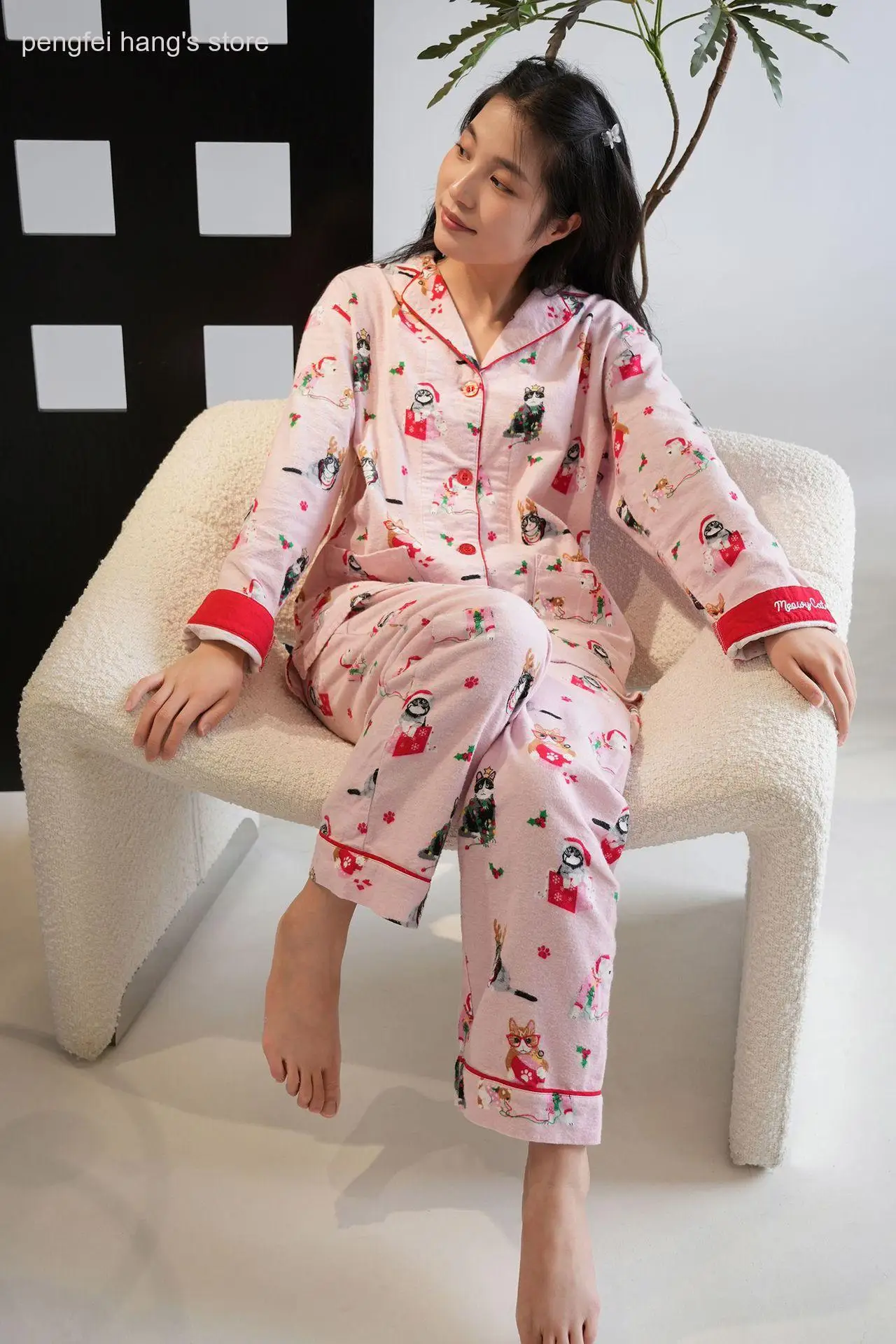 Women Soft Brushed Cotton Sleepwear, Cute Cartoon Print 2Pcs Pajama Set, Spring Autumn Long Sleeve Top and Pants Loungewear
