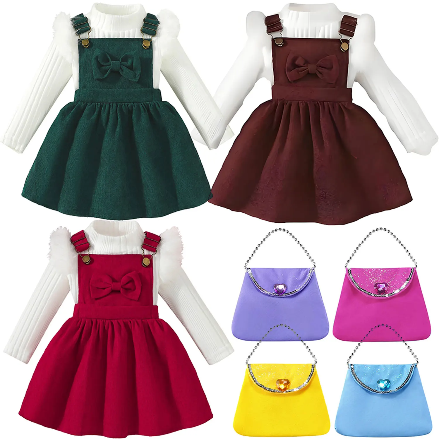 2026 New Girls Casual Long Sleeve Cute Long Sleeve Dress + Bag Halloween Christmas Carnival Birthday Festival Party Clothes Suit
