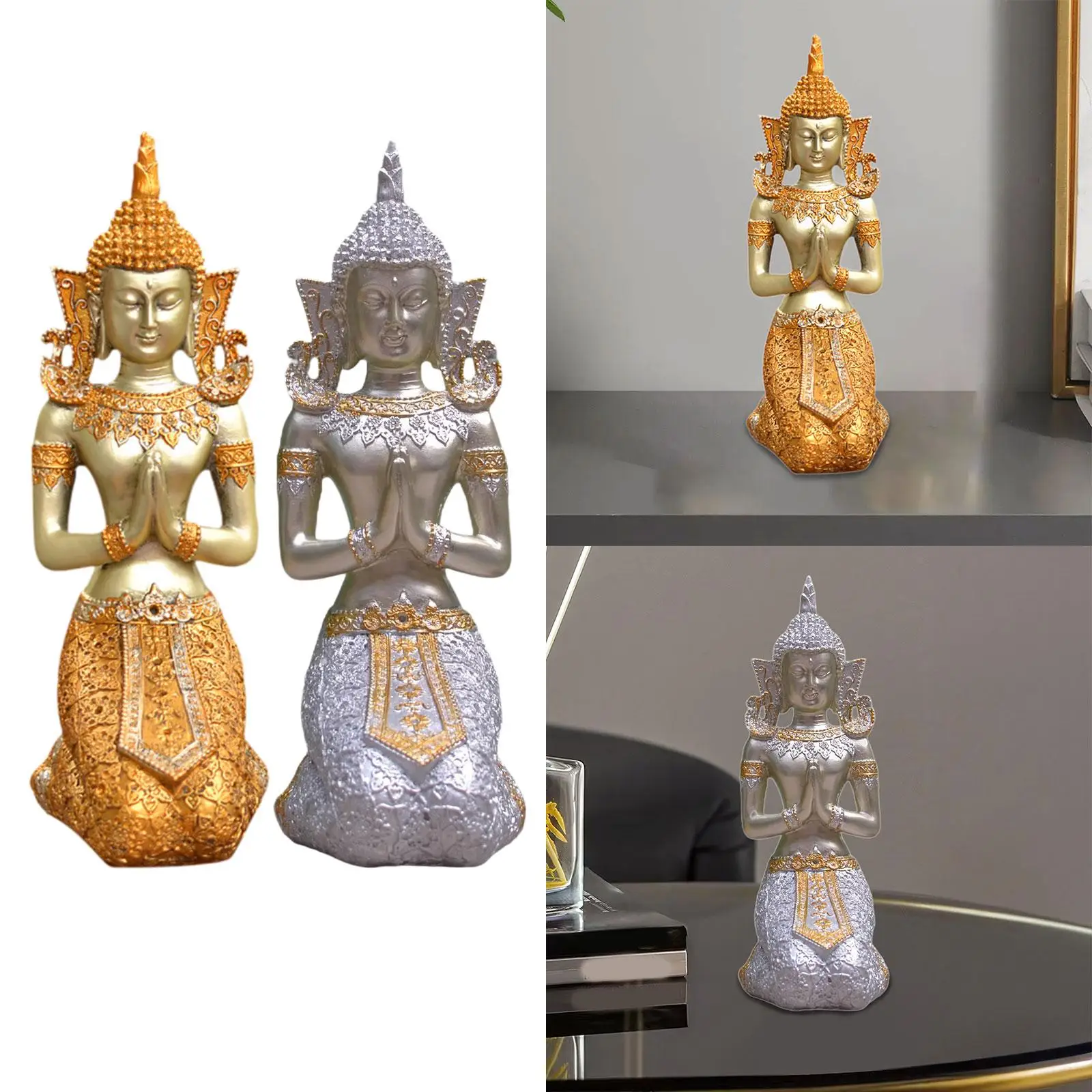 Buddha Statue Thai Buddha Figurine Artwork Decorative Sculpture Kneeling Praying Statue for Office Tabletop Cabinet Decor