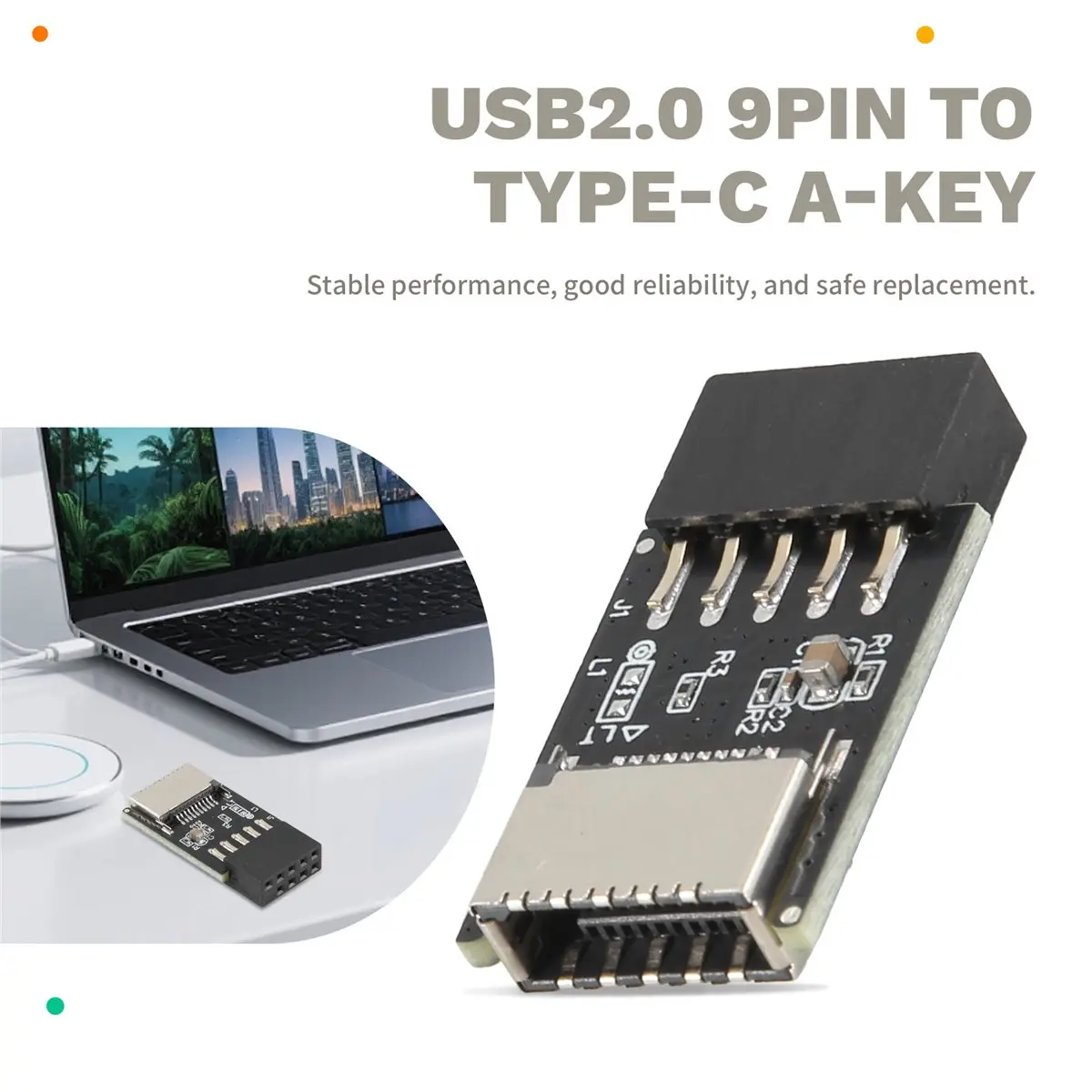 #28Q Motherboard expansion card,Motherboard USB2.0 9Pin to TYPE-C A-KEY Front Connector Converter (Black & Silver)