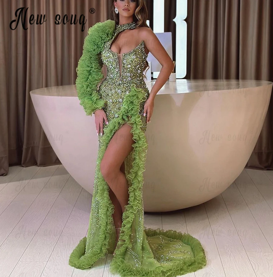 Unique Design Deep Side Slit Formal Prom Dress Full Green Beaded Handmade Evening Dresses  Vestidos De Fiesta Abendkleider