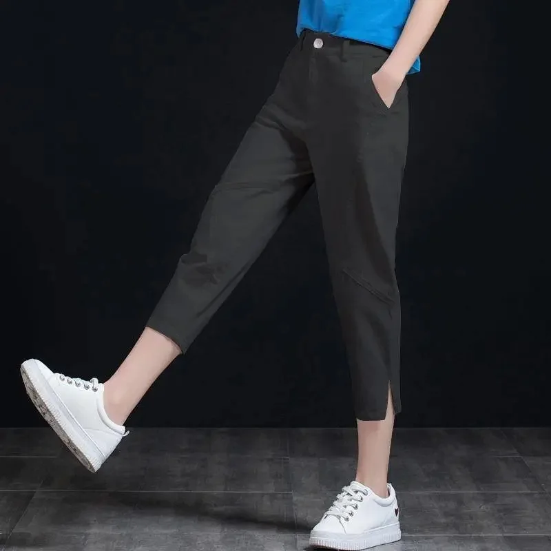 Female Solid Color Nine Points Jeans Lady Large Size Distressed Hole Denim Harlan Pants Women Spring Autumn Loose Trousers
