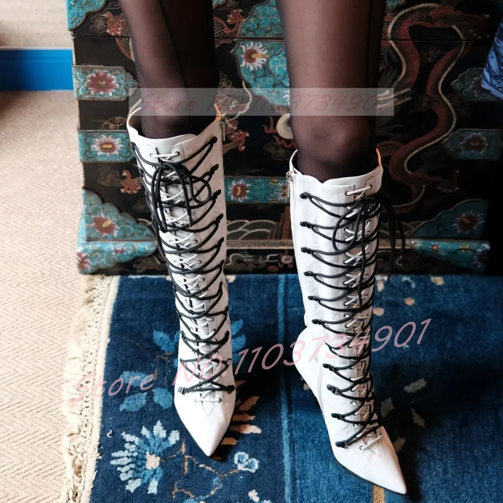 

Белые сапоги до колена с перекрестной завязкой, женские модные ботинки на высоком каблуке с острым носком и застежкой-молнией, женские пикантные вечерние туфли на шпильке