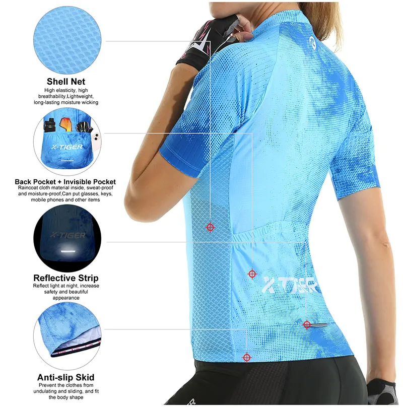 X-TIGER Cycling Jersey Slim Fit SPF 50+ Women Bike Jersey Pro Team High Quality Cycling Shirt Ink Blue Jersey Chinese Style