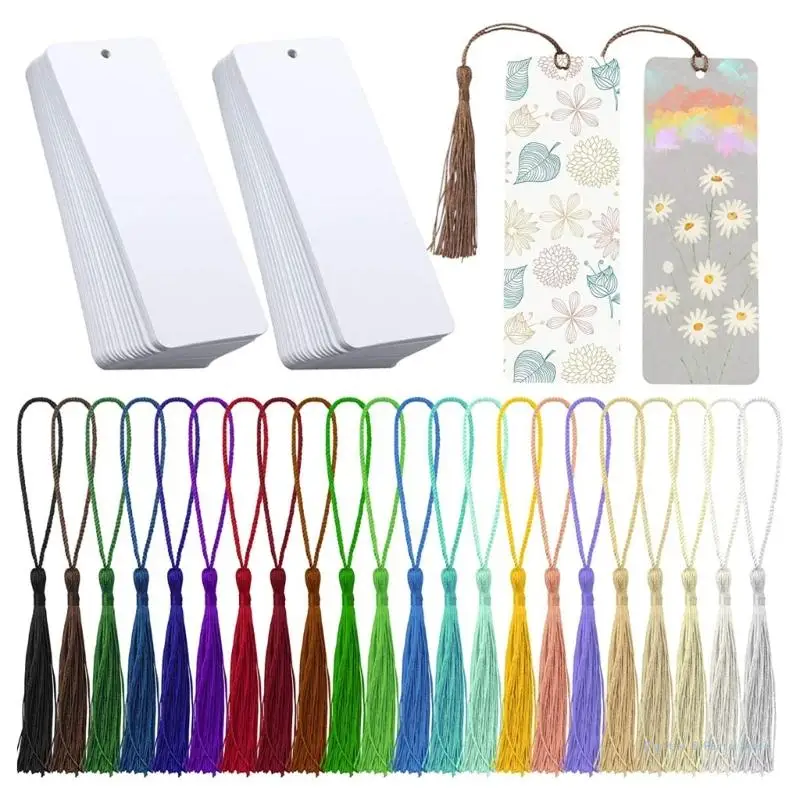 

M17F Set of 80 Kraft Paper Bookmarks Blank Cardstock Bookmarks Kits with 80pcs Colorful Tassel Pendant for DIY Project