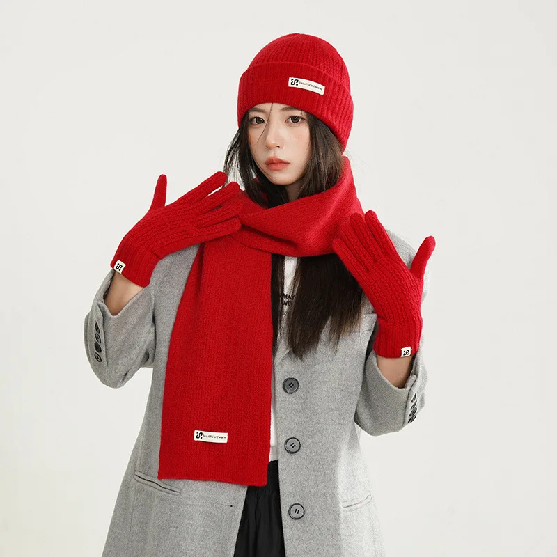 

women winter beanies gloves long scarf sets 3pcs solid color knitted winter hats set