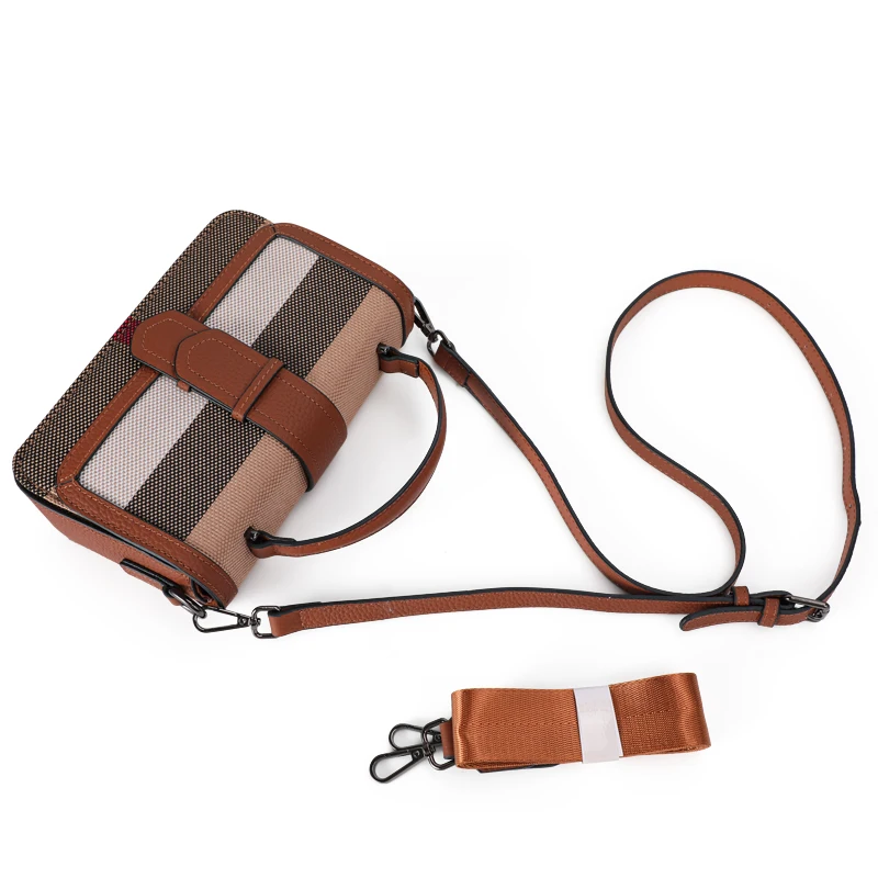 New women\'s single shoulder crossbody bag with plaid pattern canvas and high-quality cowhide small square bag