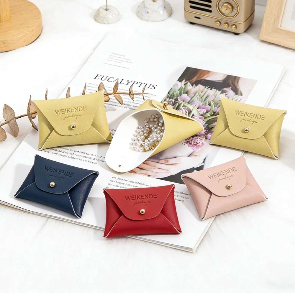 

50/100Pcs PU Leather Coin Pouch Custom Logo Holder Mini Snap Pocket Wallet Jewelry Earrings Rings Storage Bags Wedding Gift Box