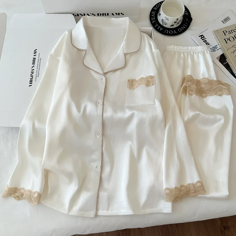 Women's Ice-Silk Sleepwear: Spring/Fall Style, Luxurious Solid-Color Lace-Trimmed Long-Sleeve Lightweight Set—women's Loungewear