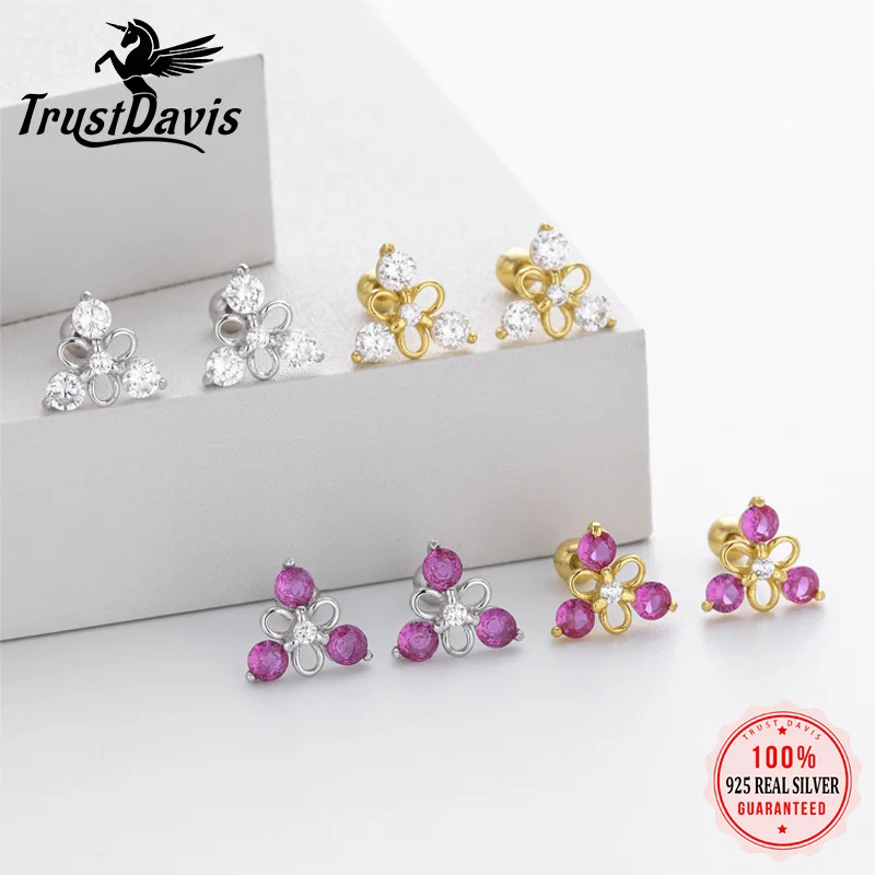 Trustdavis Real 925 Silver Fashion Simple Triangular Zircon Screw Earrings for Women Daily Wear Jewelry Gift DS4752