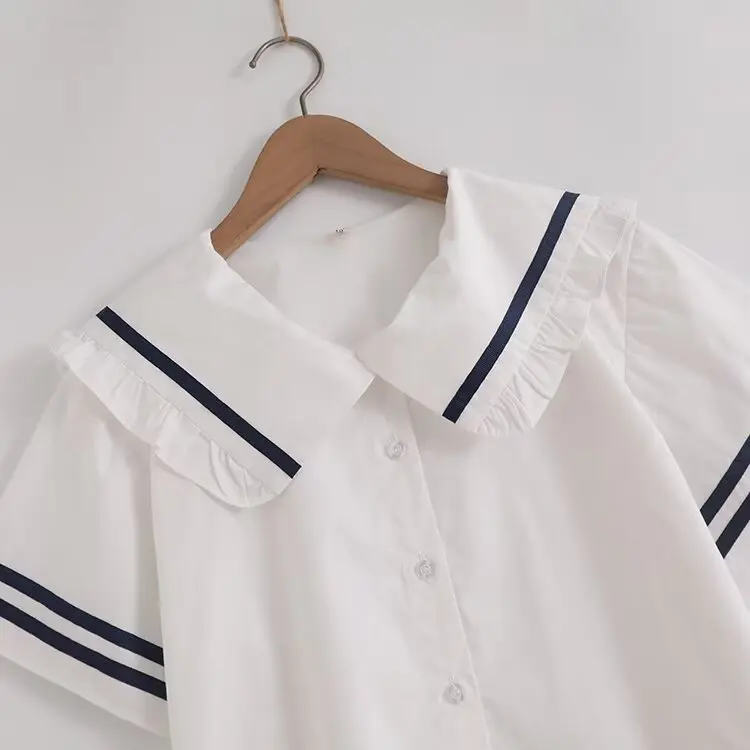 جديد 2025 قميص قطني بأكمام قصيرة للخريف ، زر مرقع بياقة بحار للسيدات ، بلوزة فضفاضة على طراز موري جيرل على طراز بريبي T570108CC