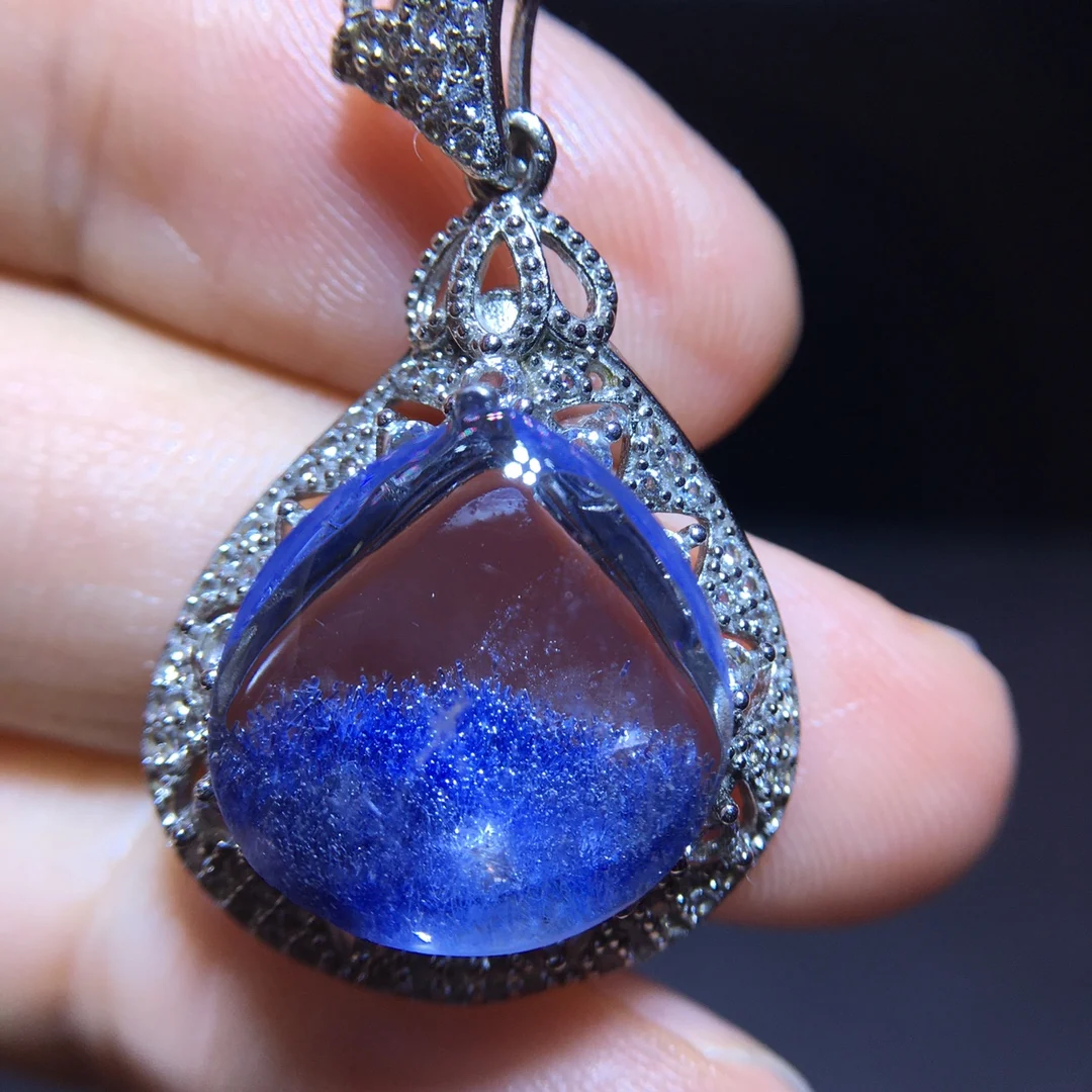 

Natural Blue Rutilated Dumortierite Quartz Pendant 14.8/14.6mm Clear Flower Necklace Gold Jewelry AAAAAAA