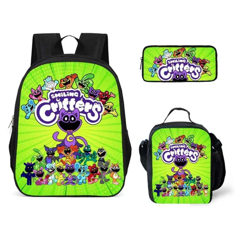 Smilings Critters-mochila escolar con figuras de Anime para adolescentes, niños y niñas, morral de día de 3 piezas, bolsa para lápices