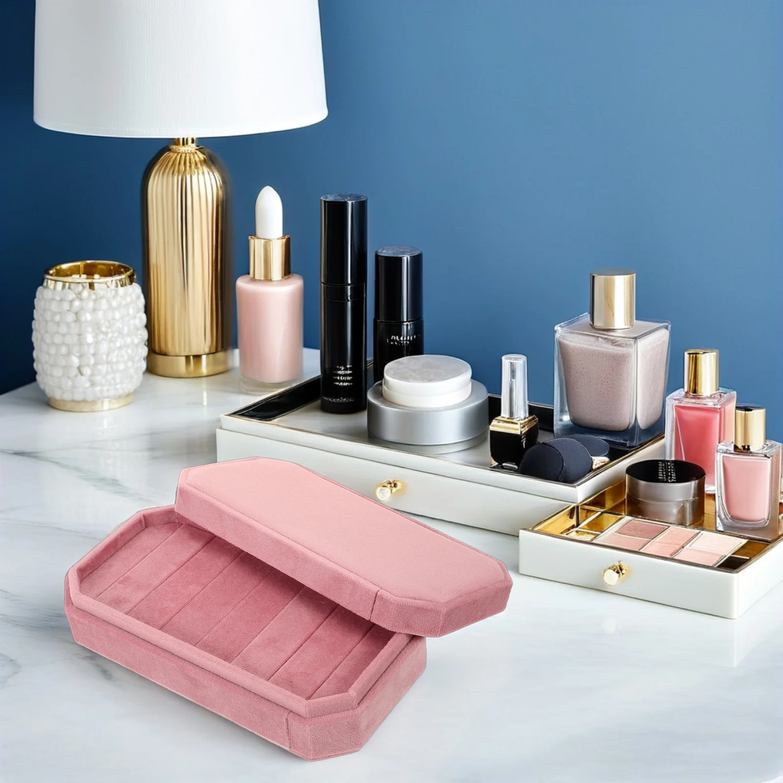Pink Jewelry Storage Box Octagon Ring Earring Organizer Travel Compact Case Women Small Jewelry Holder Dustproof