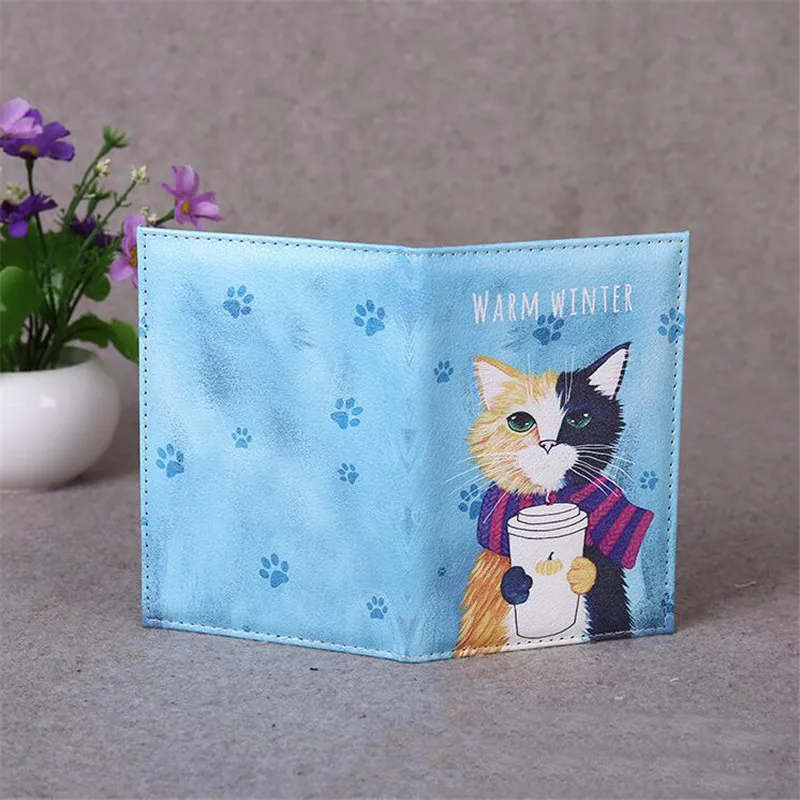 Cute Cartoon Cat Passport Cover Women Pu Leather Travel Wallet Color Landscape Passport Holder High Quatity Case for Passports