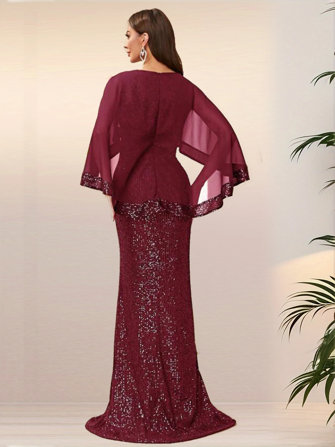 Batwing Sleeve Long Sequined Maxi Dress Patchwork Chiffon Elegant Stretch Evening Party Prom Gown for Women
