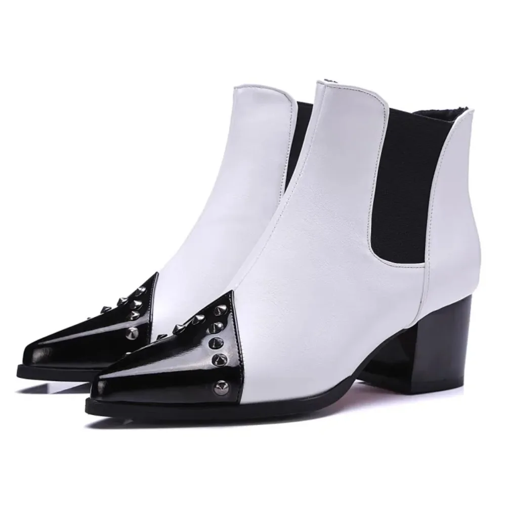 Ankle Boots Women Autumn Winter Thick High Heels Black White Pointed Toe Casual Party Versatile Platform Bootie Big Size 48 75-1