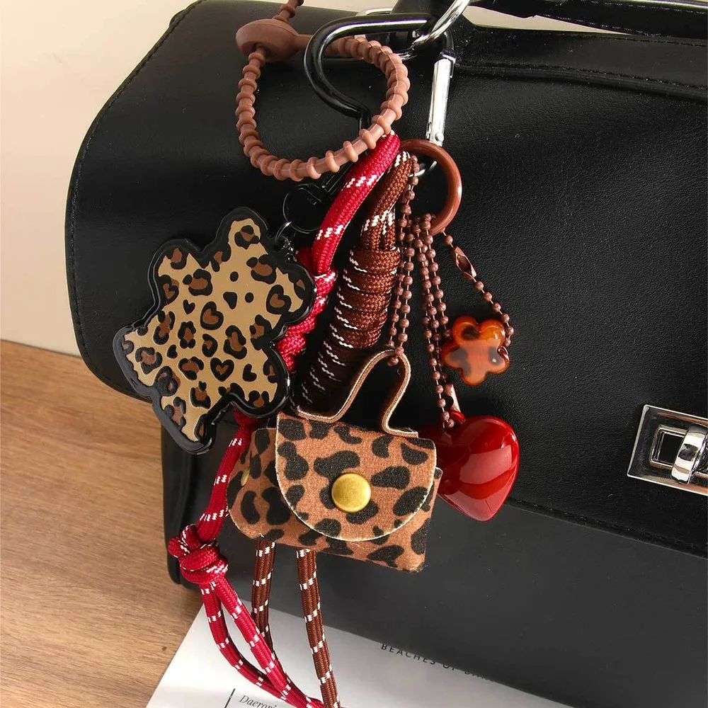 Leopard Print Bag Charm Keychain Multi Charm Rope Tassel Heart Mini Purse Pendant Clip On Handbag Purse Decoration Gift For Her