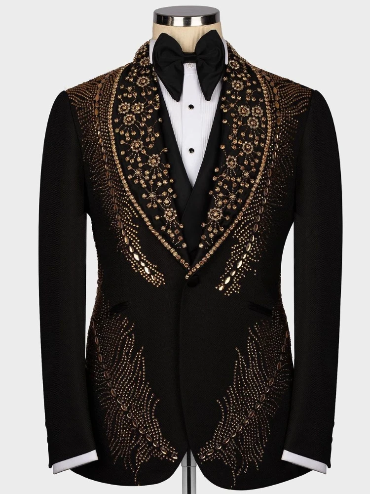 

Luxury Beads Diamonds Sparkly One Piece Blazer Men Suits One Button Wide Lapel Formal Prom Wedding Groom Plus Size Tailored