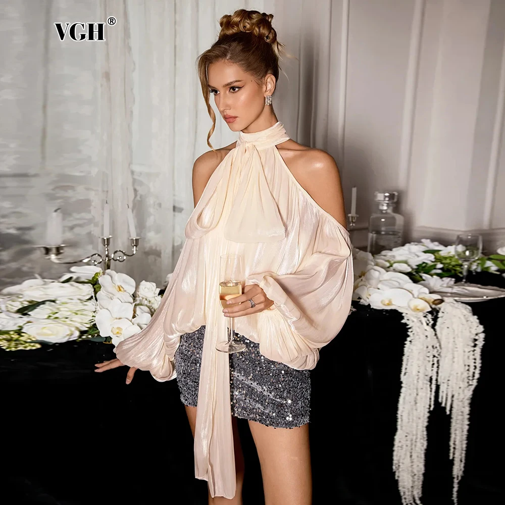 

VGH однотонные драпированные блузки для женщин с круглым вырезом и длинными рукавами, весенний дизайн, рубашки для похудения, женский модный стиль