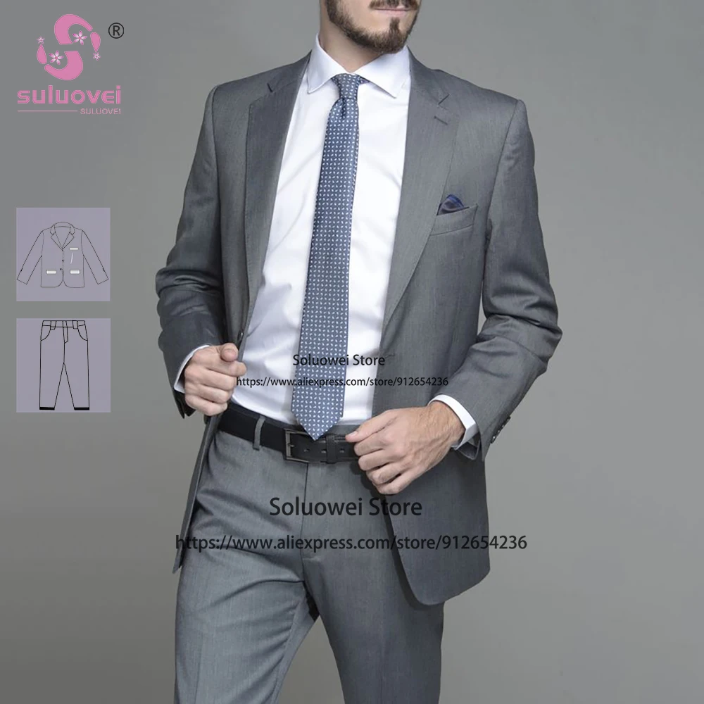 

Summer Elegant Grey Slim Fit Suits For Men Business 2 Piece Jacket Pants Set Formal Groom Wedding Party Tuxedo Vestidos De Novia