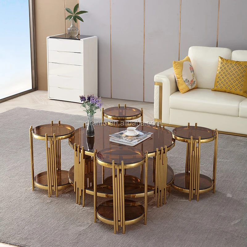 Beautiful design living room stainless steel 4+1 coffee table set