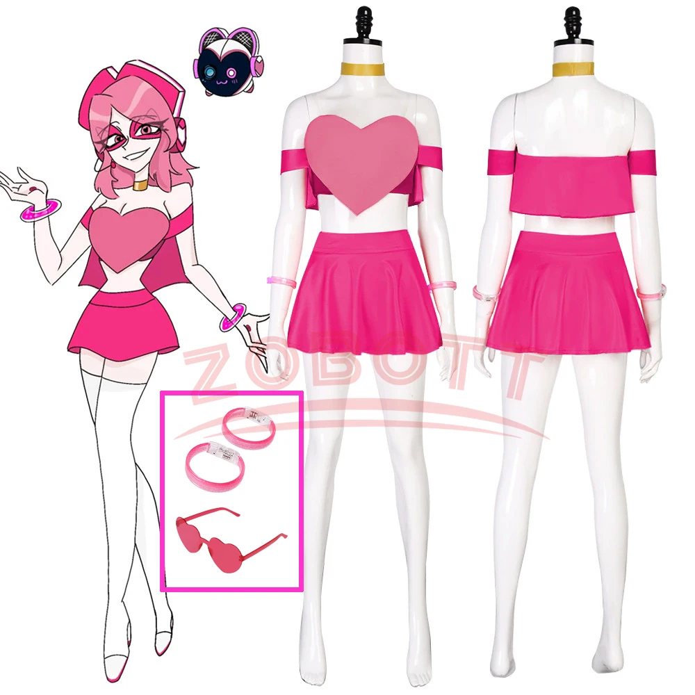 Злочный костюм для косплея Miss Heed, розовые топы, юбки, белые чулки, полный комплект, платье на Хэллоуин, карнавал, нарядные наряды для женщин Злочный костюм для косплея Miss Heed, розовые топы, юбки, белые чулки, полный комплект, платье на Хэллоуин, карнавал, нарядные наряды для женщин