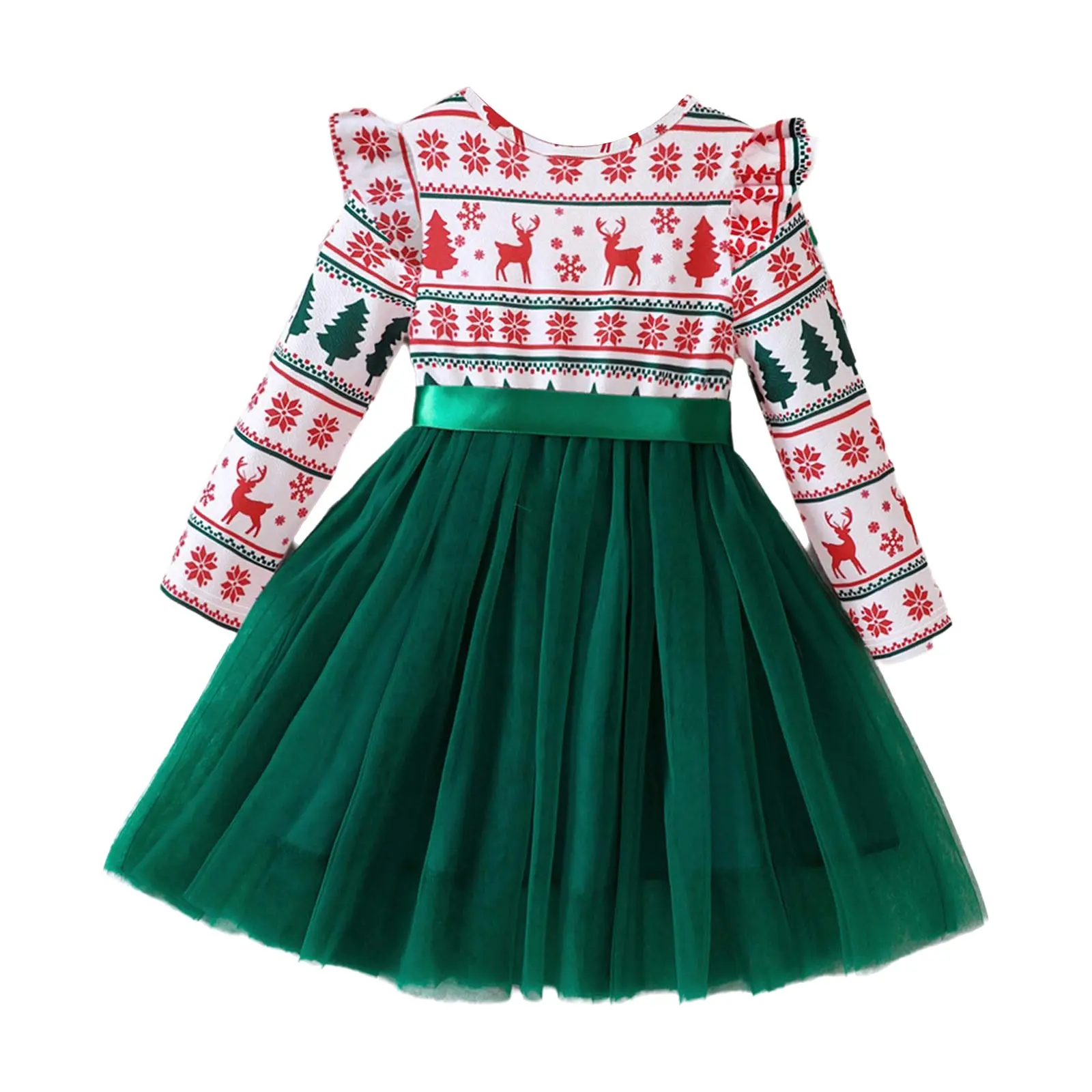 Vestido de baile para fiesta de Navidad para niñas, vestido de princesa con tutú de malla estampado bonito de manga larga, disfraz de Cosplay para Festival de Año Nuevo y Navidad