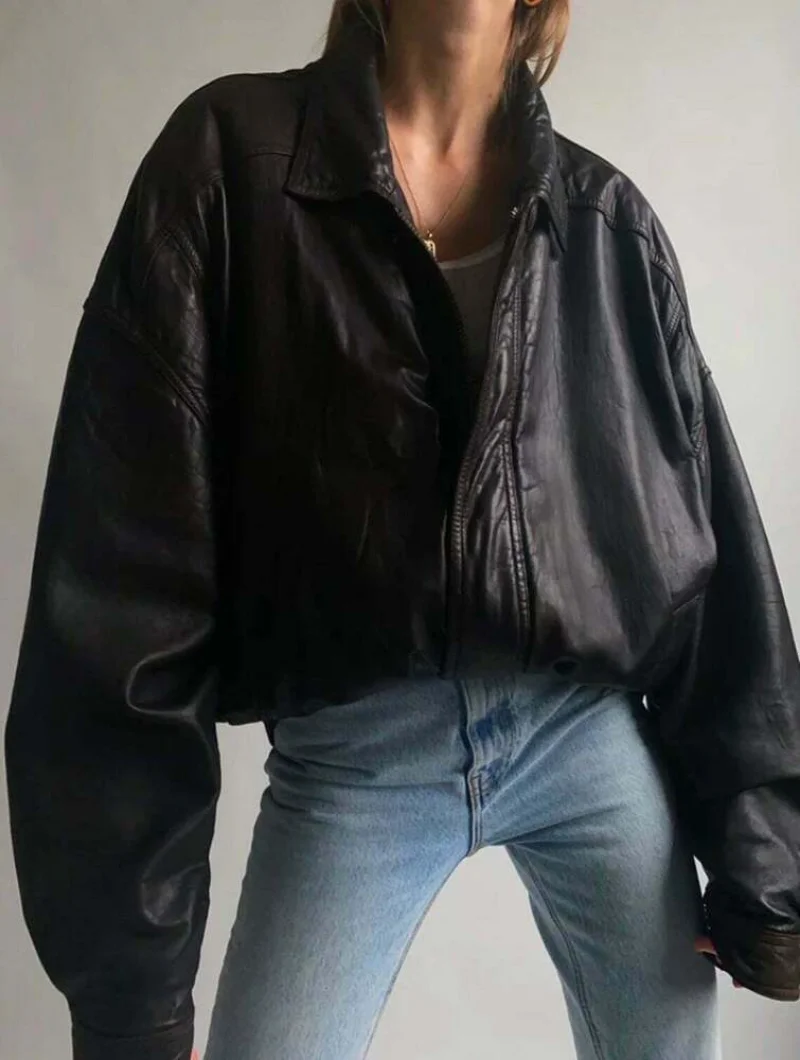 Women Fashion Leather Jacket Vintage Leather Oversized Bomber Jacket Outfit