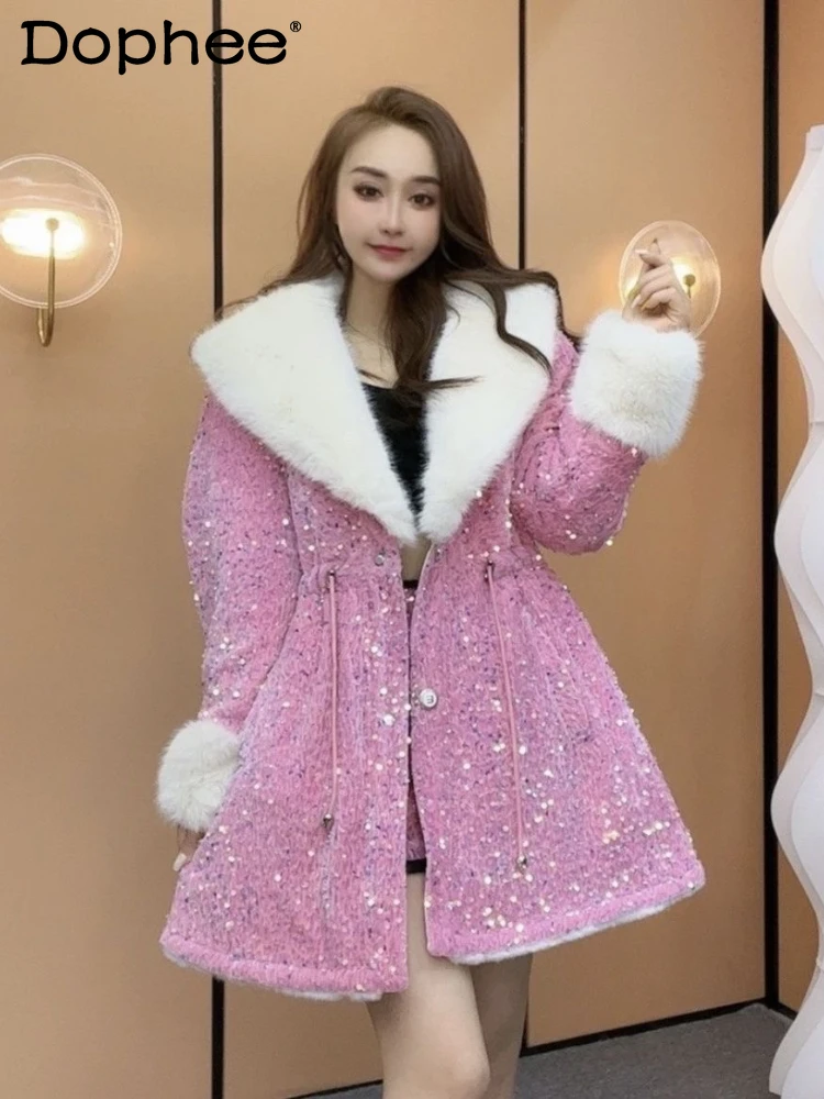 

Heavy Embroidery Sequins Temperament Furry Jacket Female 2023 Winter New Fashionable Big Fur Collar Shiny Faux Fur Coat Women