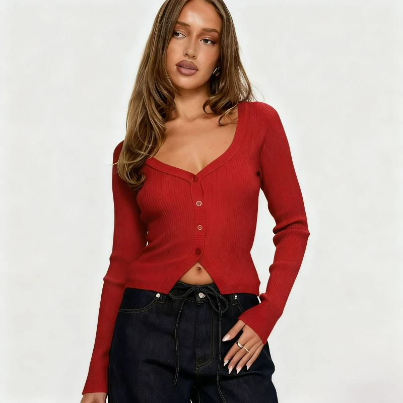 

European Style Sexy V-neck Top for Women 2026 Autumn/winter New Fashion Long-sleeved T-shirt Slimming Crop Top Knitted Sweater