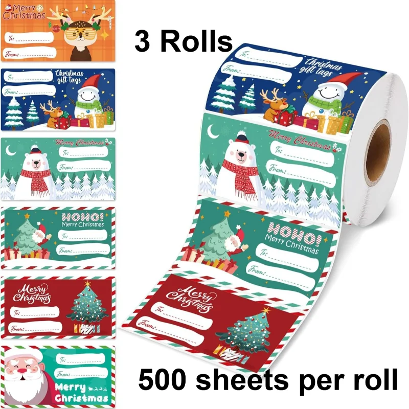 3 Rolls Christmas Gift Label Stickers Self Adhesive Holiday Decoration Decals Cute Style for DIY Craft Supplies