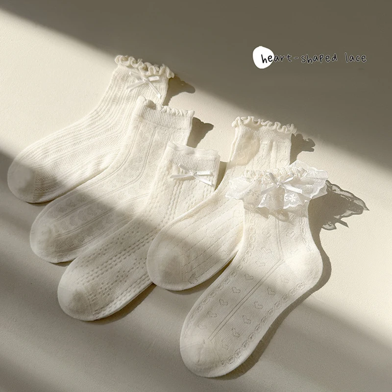 5 Pairs Girl'S Socks Lace Breathable Mesh Socks Baby Girl Princess Ruffle Bow Socks Girl 8 To 12 Years
