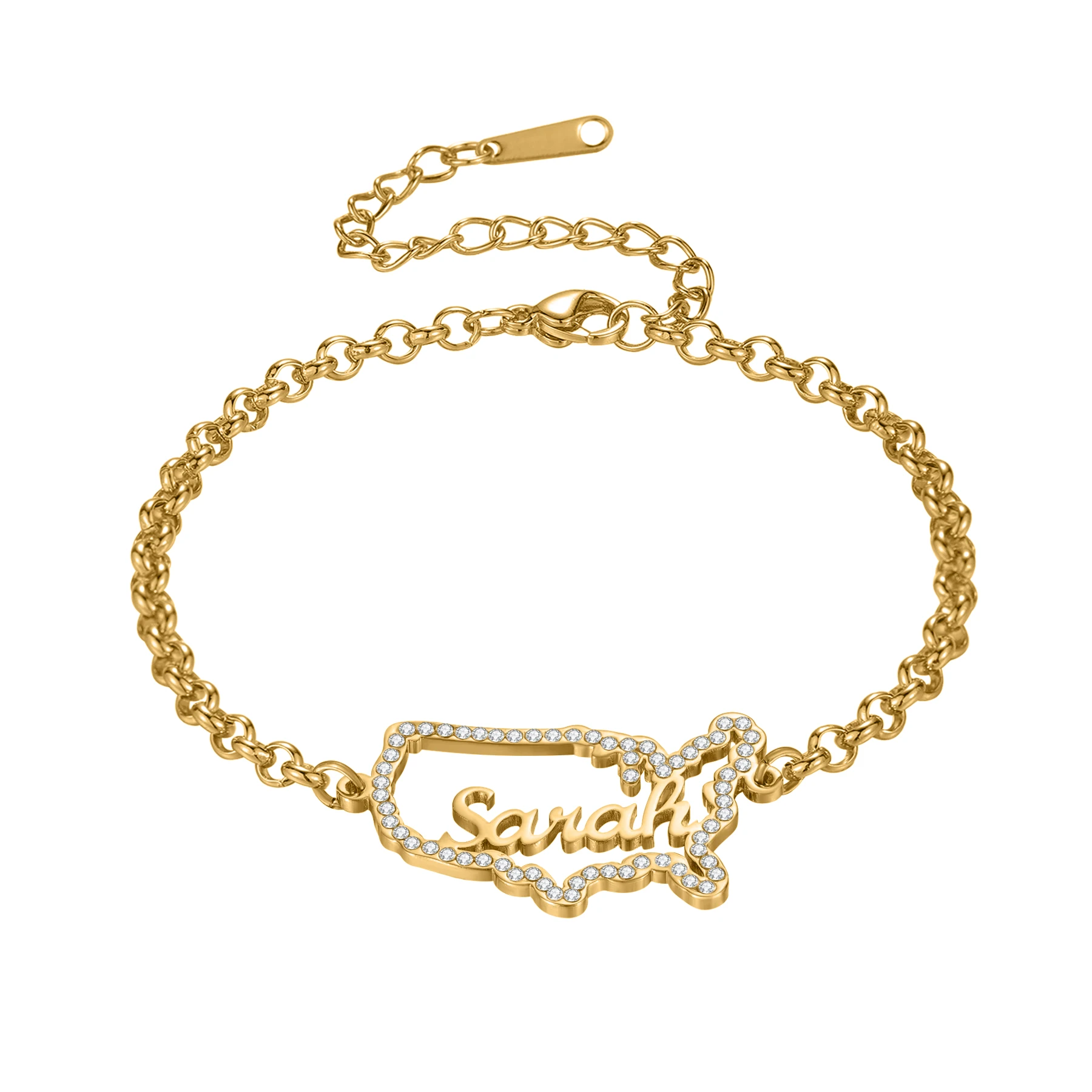 Dascusto Custom Name Bracelet Personalized Map Rhinestone 18K Gold Plated Stainless Steel Map Name Bracelet For Women Jewelry